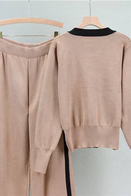 2024 Autumn and Winter New Sweater Set V-neck Long-sleeved Cardigan Top Loose Wide-leg Pants Two-piece Set