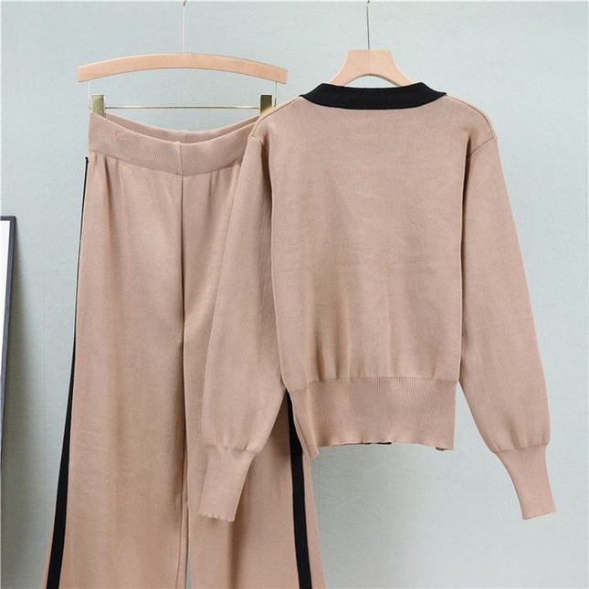 2024 Autumn and Winter New Sweater Set V-neck Long-sleeved Cardigan Top Loose Wide-leg Pants Two-piece Set