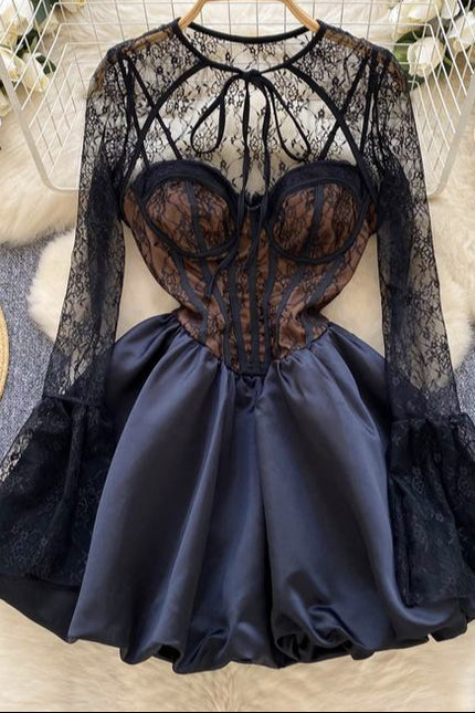 New Arrival Temperament Long Sleeve Slim Fit Sexy Lace Strap Dress for Women