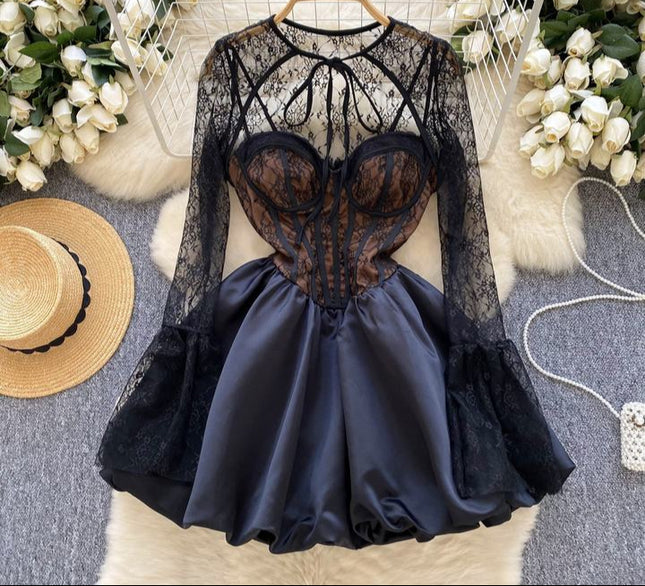 New Arrival Temperament Long Sleeve Slim Fit Sexy Lace Strap Dress for Women