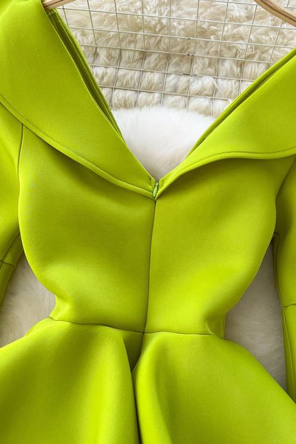 Women's Green V-Neck Ruffle Patchwork Flared Sleeve Split Party Dresses