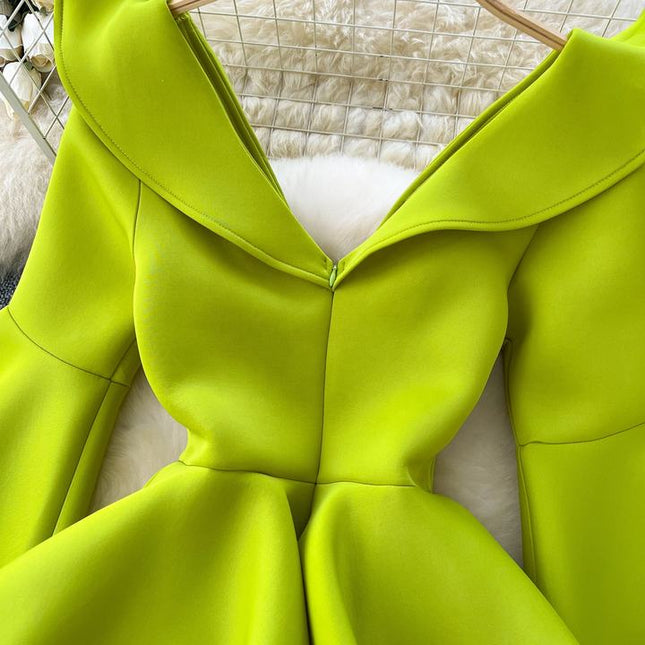 Women's Green V-Neck Ruffle Patchwork Flared Sleeve Split Party Dresses