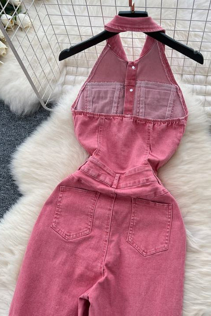 Summer Jumpsuit Hanging Neck Sleeveless Backless High Waist Wide Leg Denim Jumpsuit