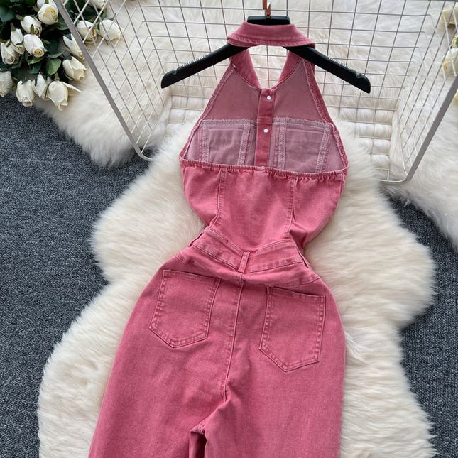 Summer Jumpsuit Hanging Neck Sleeveless Backless High Waist Wide Leg Denim Jumpsuit