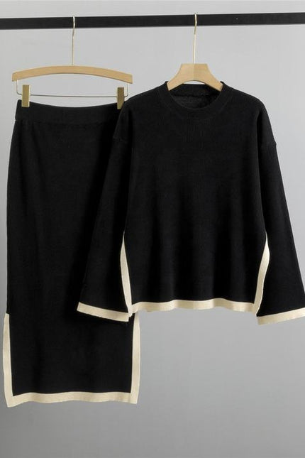 Knitted Suit for Women's Autumn New Design Contrasting Color Round Neck Top+slit Skirt Temperament Two-piece Set