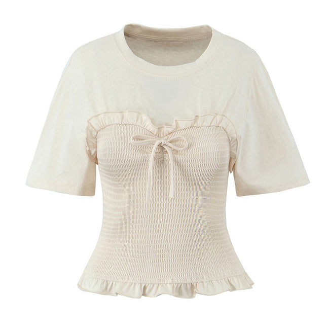 2 Colorway Crew Neck Short Sleeve Front Lace up Solid Color Casual Fashion Summer t Shirt for Women
