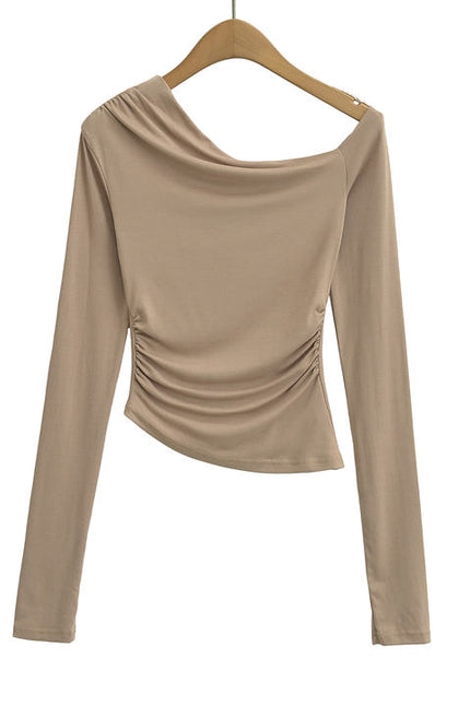 4 Colorway Asymmetrical Design Solid Color Long Sleeve Pleated Casual Fashion t Shirt for Women
