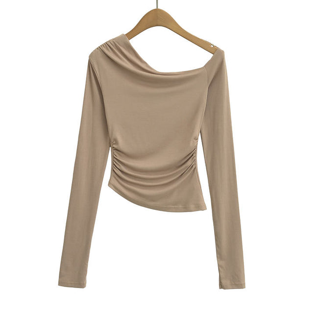 4 Colorway Asymmetrical Design Solid Color Long Sleeve Pleated Casual Fashion t Shirt for Women