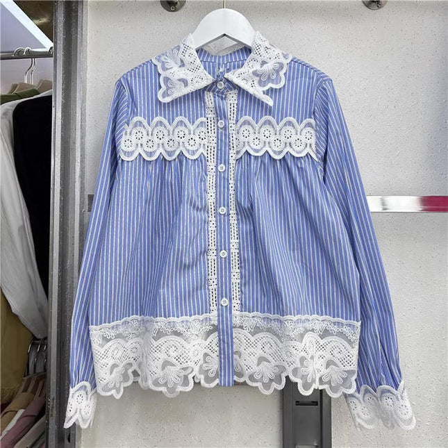 French New Fashion Lace Splicing Long Sleeve Shirt Women'S Tops