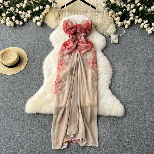 Women Printed French Halter Sleeveless Long Sexy Vacation Style Dresses