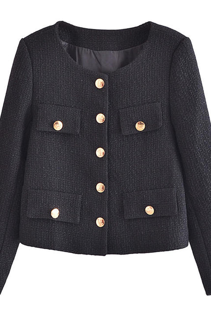 Black Color Crew Neck Cute Design Tweed Jacket Women Fashion Short Trench Coat With Pockets