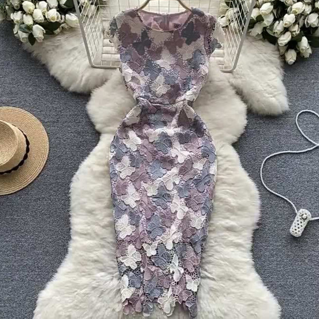 Temperament High-grade butterfly Hollowed-out Hook Flower Lace Dress Female Waist Elegant Package Hip Skirt
