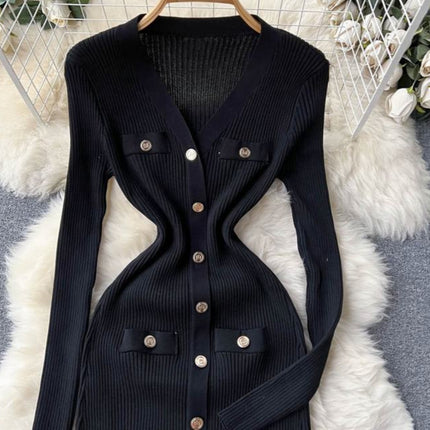 Autumn Winter V-Neck Long Sleeve Knitted Tight Fitting Slim Fit Women Clothes Casual Dress
