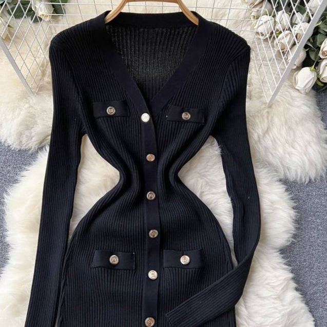 Autumn Winter V-Neck Long Sleeve Knitted Tight Fitting Slim Fit Women Clothes Casual Dress