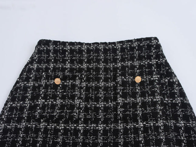 V Neck Plaid Pattern Long Sleeve Single Breasted Black Color Jacket Mini Skirt Casual Fashion Women 2 Piece Set