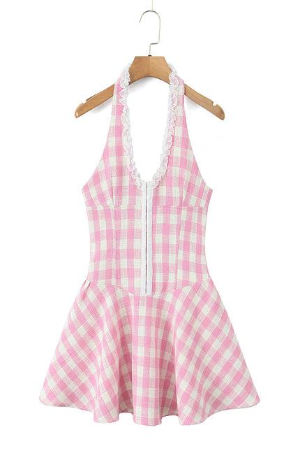 Back Hollow Out pink Color Plaid Print Hot Sale Casual Fashion Summer Mini Halter Dress for Women