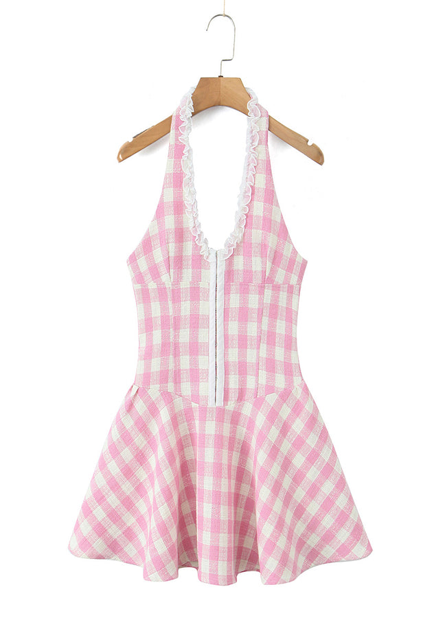 Back Hollow Out pink Color Plaid Print Hot Sale Casual Fashion Summer Mini Halter Dress for Women