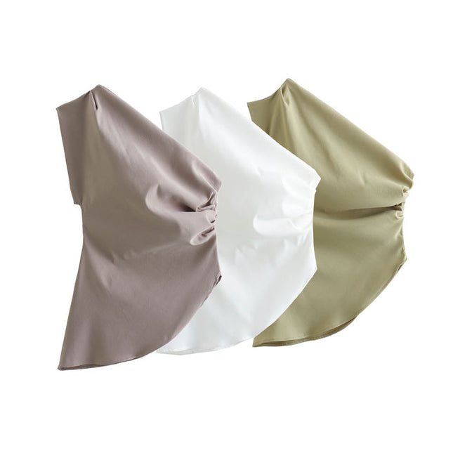 3 Colorway One Shoulder Design Solid Color Pleated Casual Fashion tank Tops for Women
