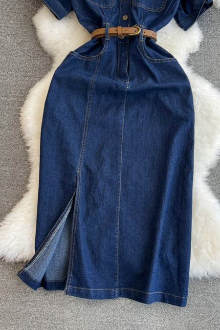 Retro Denim Dress for Women 2024 Summer New Collection Belt Slimming Short Sleeved Shirt Dress