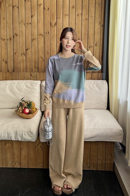 Round Neck Contrasting Color Autumn and Winter New Casual Loose Slimming Wide Leg Pants Knitted Two-piece Set for Women