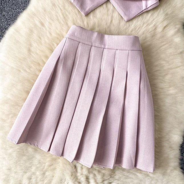 French Suit Vest High Waisted Pleated Two Piece Skirt Set