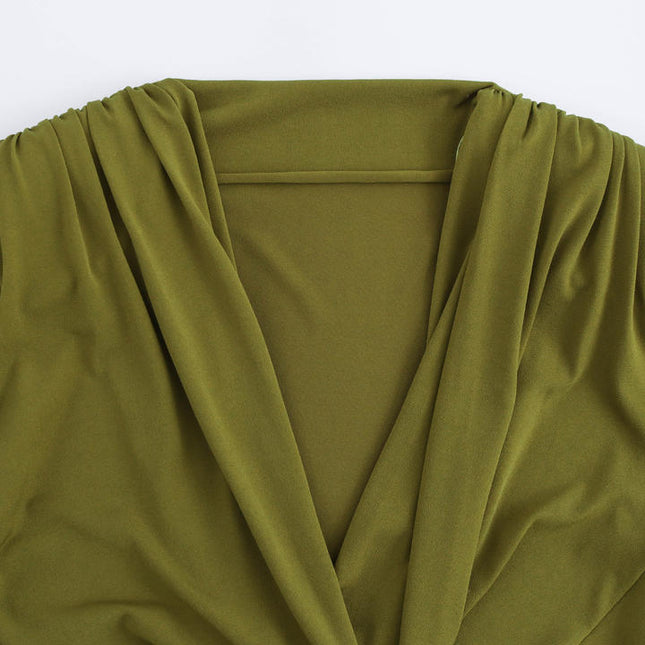 V Collar Design Long Sleeve Green Color Casual Fashion Bodysuit Jumpsuit for Women