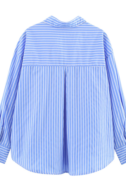 3 Colorway Striped Print Turn Down Collar Buttons up Long Sleeve Casual Fashion Tops Blouse for Women