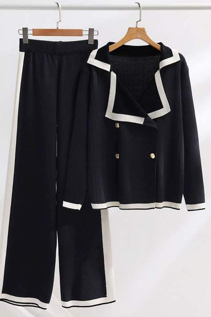 2024 Lapel Casual Top Set Colorblocking Long Sleeve Long Pants Two Piece Suit Set