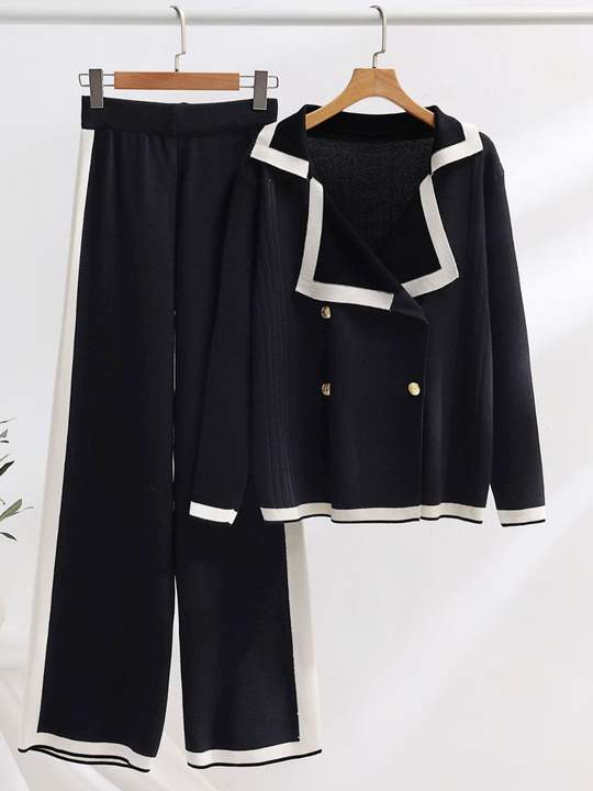2024 Lapel Casual Top Set Colorblocking Long Sleeve Long Pants Two Piece Suit Set
