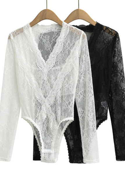 2 Colorway v Neck Long Sleeve Solid Color Floral Lace Casual Fashion Women's One Piece Jumpsuit
