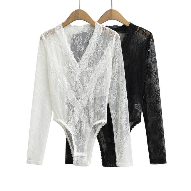 2 Colorway v Neck Long Sleeve Solid Color Floral Lace Casual Fashion Women's One Piece Jumpsuit