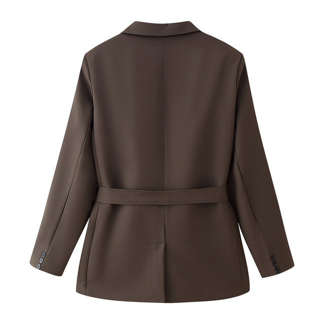 Notched Collar Brown Color Long Sleeve Sashes Hot Sale Casual Fashion blazer Jacket for Women