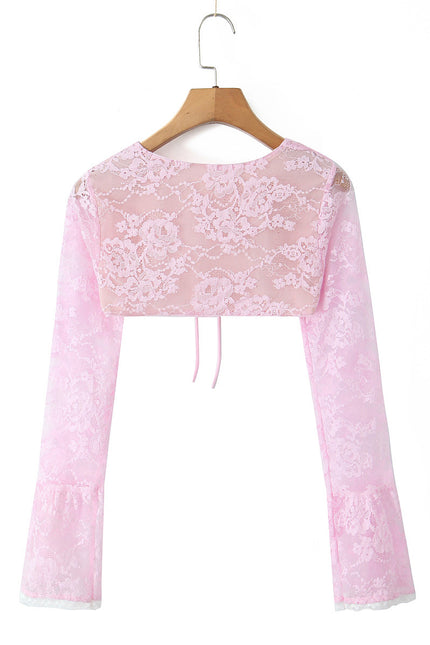 Crew Neck Long Sleeve Front Lace up Crop Top pink Color Floral Lace Mini Dress Casual Fashion Women 2 Piece Set