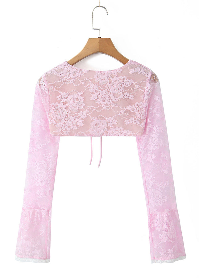 Crew Neck Long Sleeve Front Lace up Crop Top pink Color Floral Lace Mini Dress Casual Fashion Women 2 Piece Set