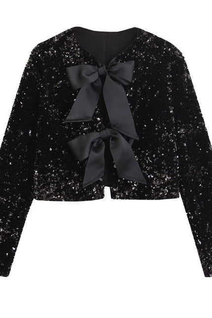 2 Colorway Solid Color Front Bow Tie Crew Neck Long Sleeve Sequin Casual Fashion Women's Jacket