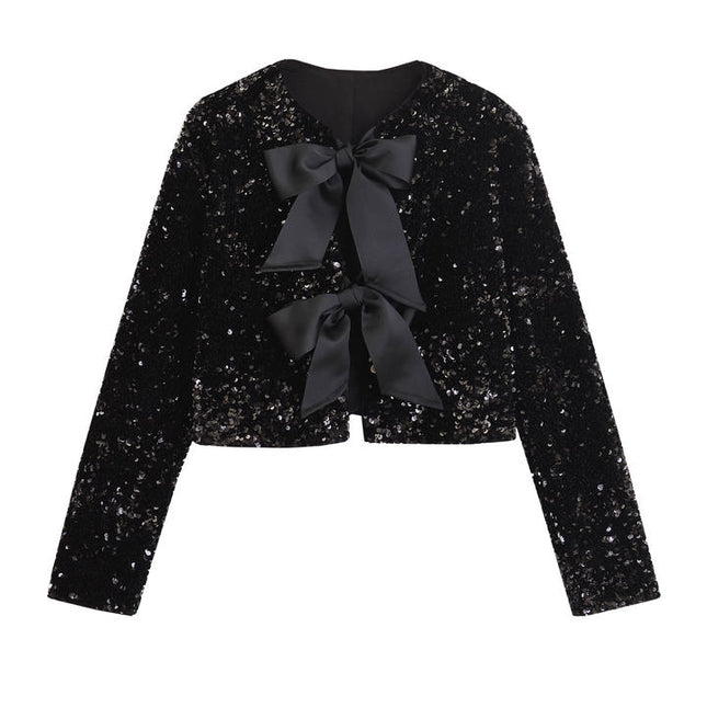 2 Colorway Solid Color Front Bow Tie Crew Neck Long Sleeve Sequin Casual Fashion Women's Jacket