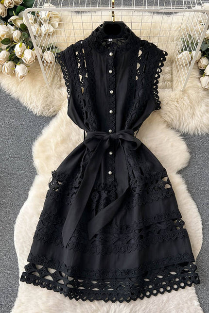Sexy Summer Temperament Court Style Hollow Lace A-line Skirt Stand Collar Slimming Dress Female Summer Lace-up Waist Dress