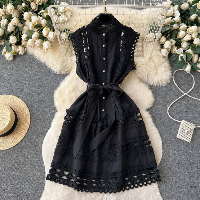 Sexy Summer Temperament Court Style Hollow Lace A-line Skirt Stand Collar Slimming Dress Female Summer Lace-up Waist Dress