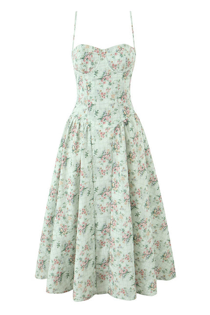 Spaghetti Strap Floral Print Green Color Casual Fashion Summer Long slip Dress for Women