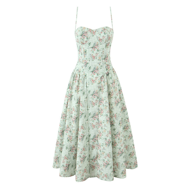 Spaghetti Strap Floral Print Green Color Casual Fashion Summer Long slip Dress for Women