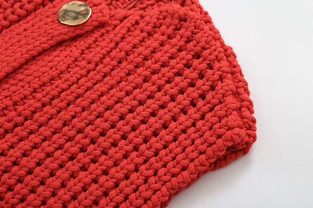 Crew Neck Red Color Buttons up Front Pockets Eyelet Casual Fashion Sweater Vest for Women