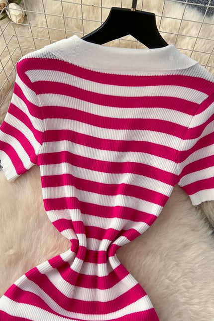 Vintage Lapel Single Breasted Cardigan Striped Women Knit Long Dresses