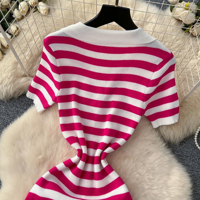 Vintage Lapel Single Breasted Cardigan Striped Women Knit Long Dresses