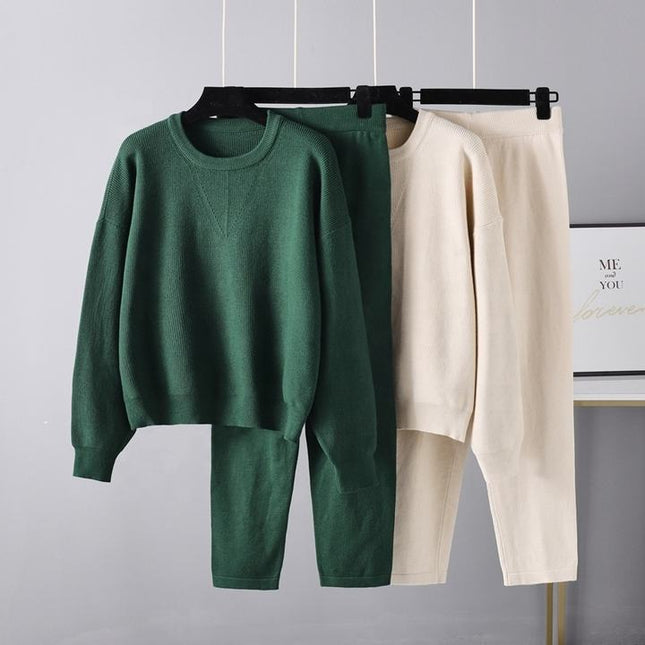Autumn and Winter Ladies' Casual Set New Loose Sweater Two Piece Pants Set Solid Color Knitting Set Female Fashion