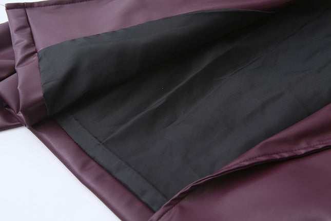 Notched Collar Burgundy Color Long Sleeve Notched Collar Casual Fashion Leather Biker Jacket for Women