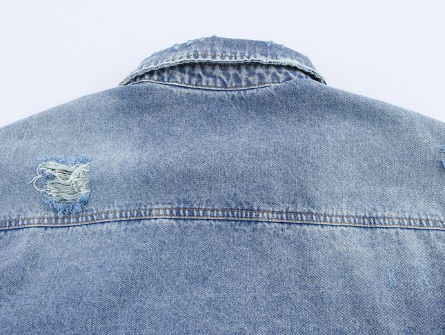 Turn Down Collar Long Sleeve Denim Blue Color Single Breasted Casual Fashion Jeans Jacket for Women