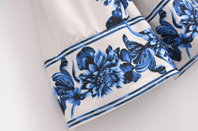 Turn Down Collar Floral Print Beige Blue Color Sashes Casual Fashion Mini Dress for Women