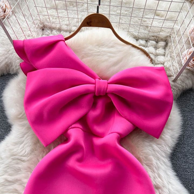 Summer New Sexy Irregular Bow Single Shoulder Diagonal Collar Bustier Tight Sleeveless Mini Dress