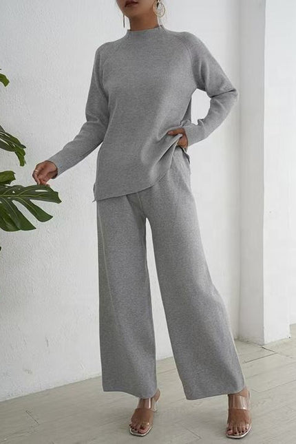 Lazy Style Pullover With Split Long Sleeves Knitted Autumn and Winter Sweater Two-piece Set High Waisted Casual Wide Leg Pants