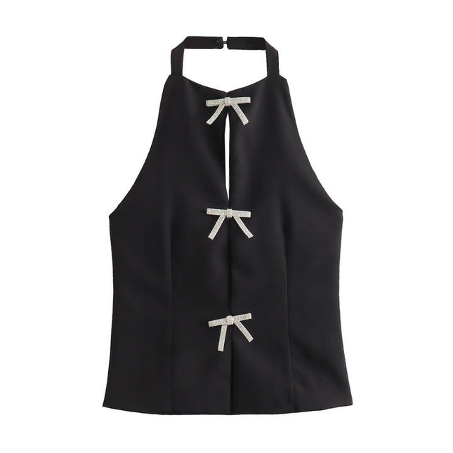 2 Colorway Solid Color Bow Tie With Beading Back Hollow Out Casual Fashion Women's tank Top